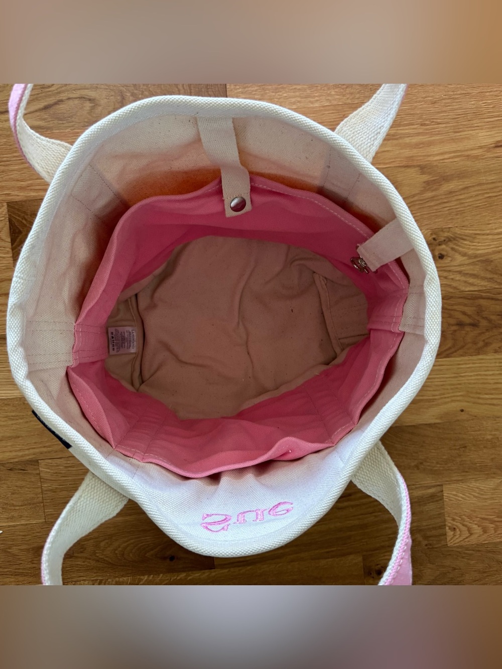Lands’ End Canvas Tote Bag Pink & Natural Monogrammed “Sue” Medium Open Top Boat - Picture 9 of 13